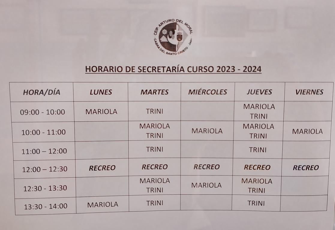 Horario de secretara - Curso 23-24 - Horario de secretara - Curso 23-24. 